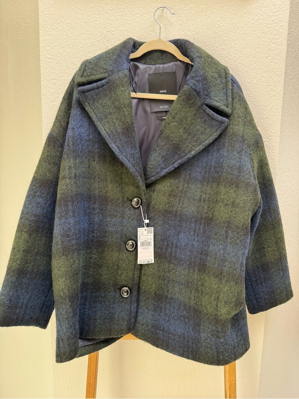 NWT Mango Plaid Wool Blend Button-Up Coat in Navy and Olive- Abrigo Scottish - Picture 6 of 14